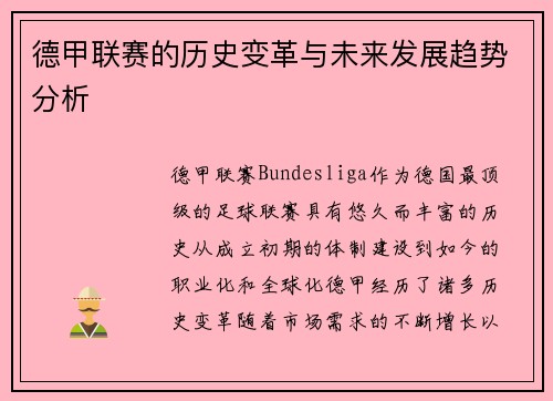 德甲联赛的历史变革与未来发展趋势分析 德甲联赛的历史变革与未来发展趋势分析