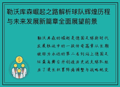 勒沃库森崛起之路解析球队辉煌历程与未来发展新篇章全面展望前景